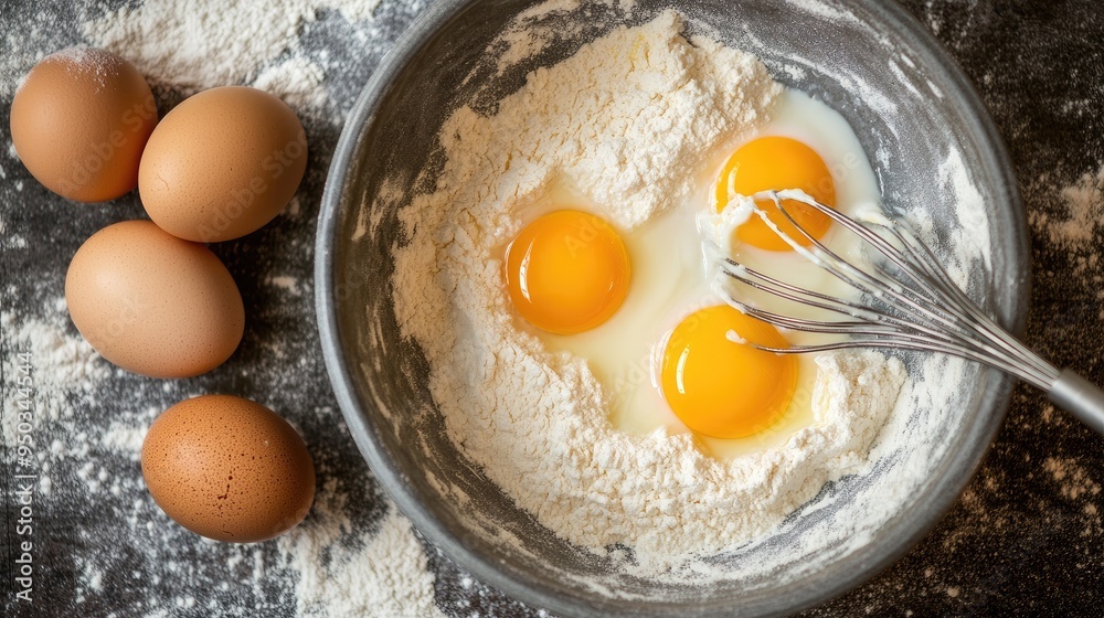 Raw eggs in a bowl with a whisk and flour, preparing for baking or cooking in a well-lit kitchen. Raw eggs in a bowl with a whisk and flour, preparing for baking or cooking in a well-lit kitchen.