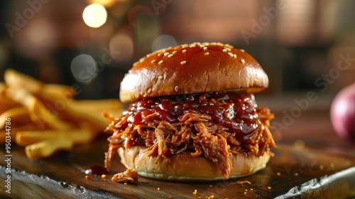 A delectable barbecue sandwich with a generous helping of barbeque sauce accompanied by crispy frenc photo