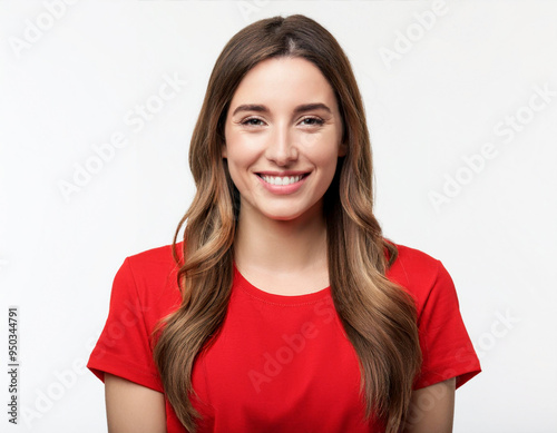 Portrait of young beautiful girl caucasian woman in red t-shirt cheerfuly smiling looking at camera on white background  photo