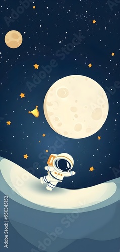 Mobile Wallpaper of Cute Astronaut Flying to the Moon: A Colorful Space Landscape Illustration.
