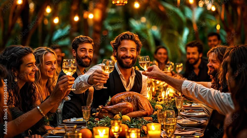 Joyful Family Gathering with Toasts and Thanksgiving Feast Amidst Outdoor Lantern Lights. Christmas,New Year or Thanksgiving table setting Joyful Family Gathering with Toasts and Thanksgiving Feast Amidst Outdoor Lantern Lights. Christmas,New Year or Thanksgiving table setting