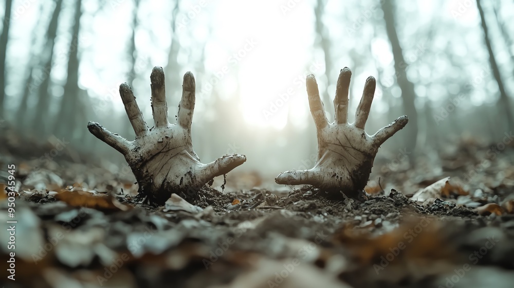 Zombie hands reaching out of the ground, eerie fog, graveyard setting, Halloween undead horror scene