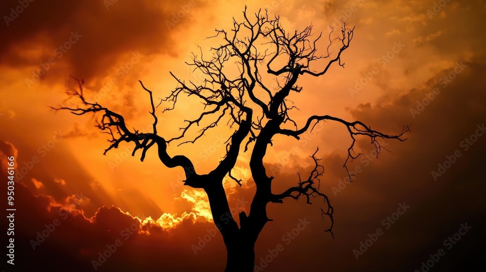 Silhouette of a leafless tree against a dramatic sunset sky, creating a striking and mysterious atmosphere. Silhouette of a leafless tree against a dramatic sunset sky, creating a striking and mysterious atmosphere.
