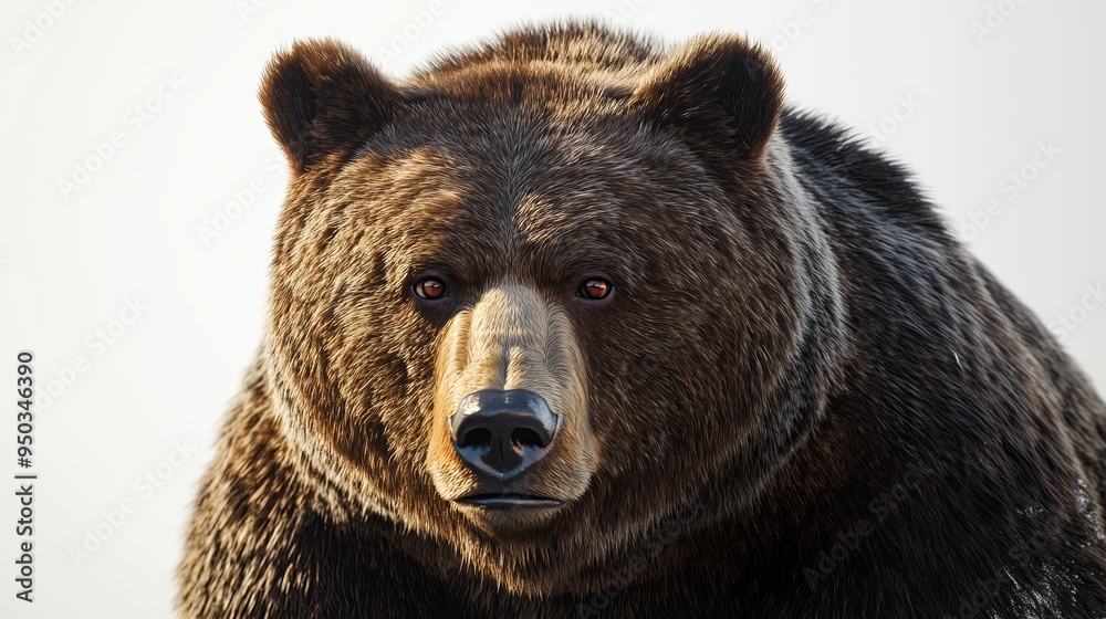 A detailed and realistic close up of a grizzly bear, showcasing its robust build and intense eyes. The bear is positioned in front of a pure white backdrop, with bright, even A detailed and realistic close up of a grizzly bear, showcasing its robust build and intense eyes. The bear is positioned in front of a pure white backdrop, with bright, even
