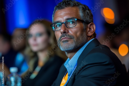 A man in a suit and glasses is sitting at a table with other people