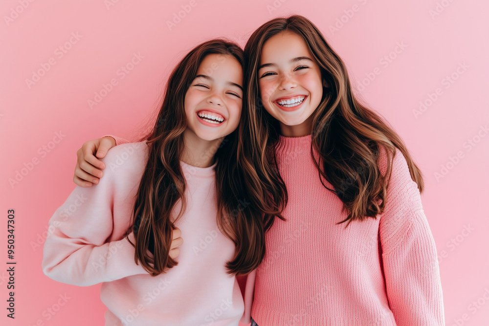 sisters in pink sweaters posing against pink background