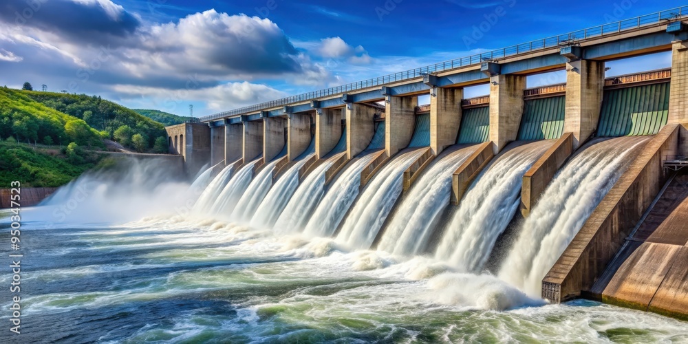 A large dam with water flowing through turbines, generating hydroelectric power, Hydroelectric power A large dam with water flowing through turbines, generating hydroelectric power, Hydroelectric power
