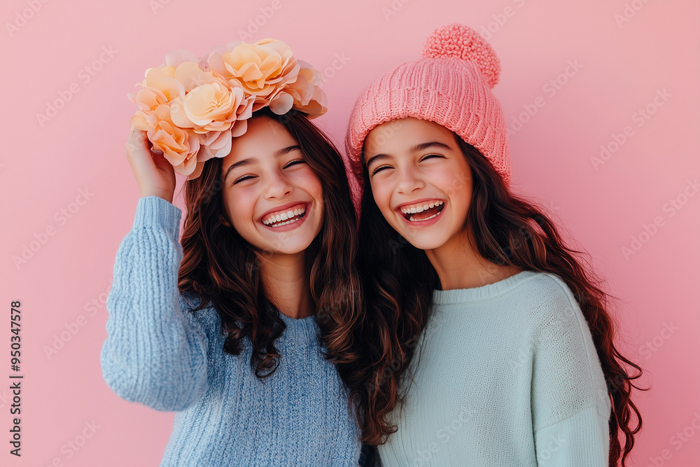 two teen girls with flower crown and beanie against pink wall two teen girls with flower crown and beanie against pink wall