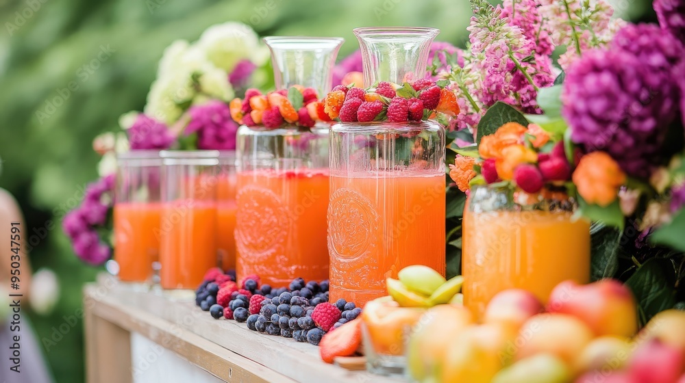 Soft fruit juice station with glass dispensers and fruit garnish, set up at a garden party with flowers. Soft fruit juice station with glass dispensers and fruit garnish, set up at a garden party with flowers.