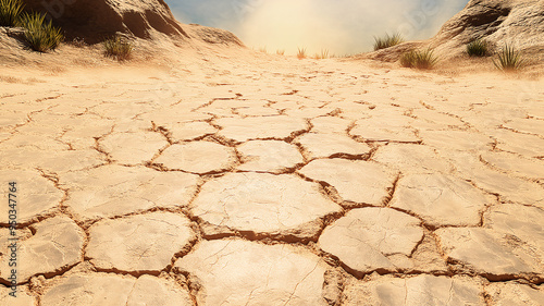 Close-up of cracked desert ground, symbolizing the impact on water technology and agricultural production due to climate change. The warm sunlight highlights the dry soil.