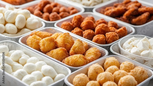 Variety of frozen snack foods like mozzarella sticks and chicken wings, Frozen appetizers, Party food