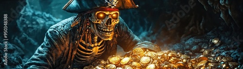 Undead pirate with treasure, cursed skeleton guarding glowing gold hoard in haunted crypt, highlighting mythic afterlife guardian and cinematic fantasy lore in secret chamber of lost riches