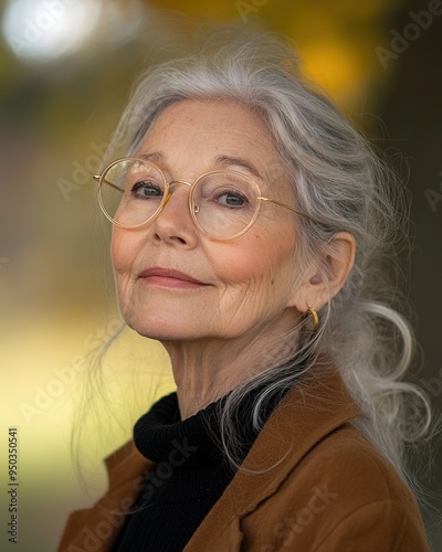 A portrait photo of a beautiful 66 year old woman with white hair