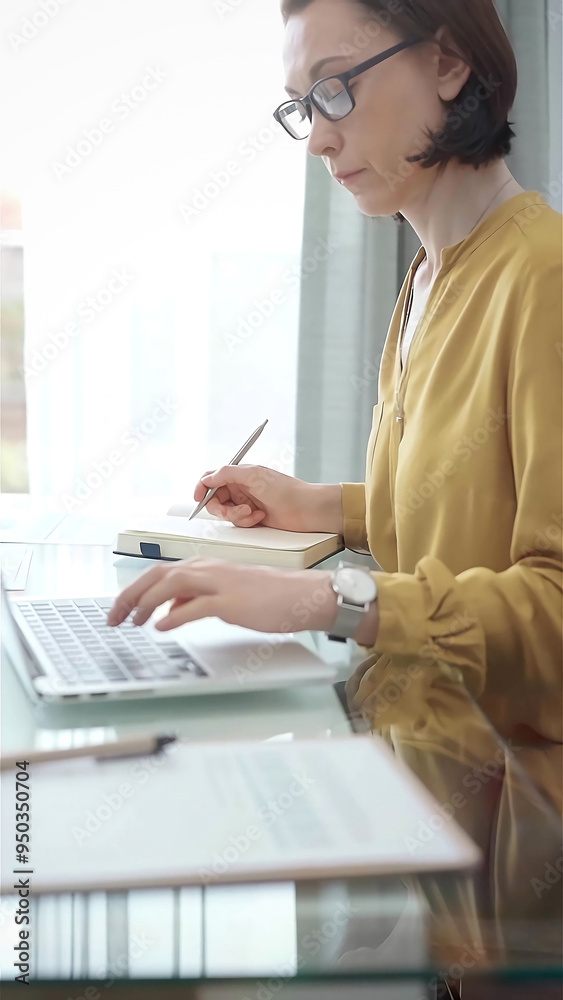 Adult professional woman is working with laptop in modern office. Yellow blouse is passing to adult businesswoman, vertical portrait. Business concept Adult professional woman is working with laptop in modern office. Yellow blouse is passing to adult businesswoman, vertical portrait. Business concept