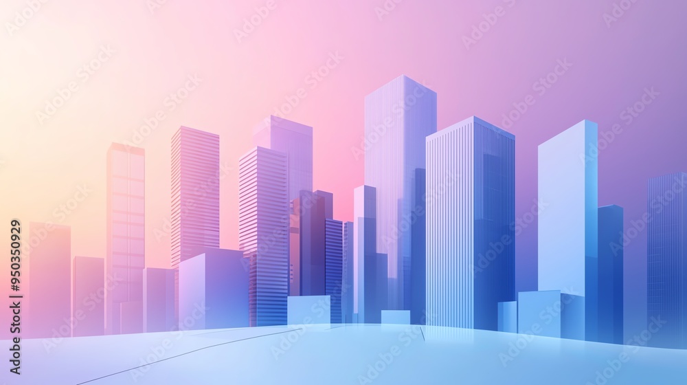 Futuristic cityscape at sunset with tall, sleek skyscrapers in cool blue tones against a colorful gradient sky for a modern urban concept. Futuristic cityscape at sunset with tall, sleek skyscrapers in cool blue tones against a colorful gradient sky for a modern urban concept.