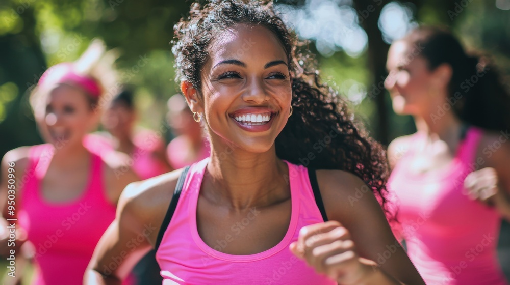 An energetic image of a diverse group of women participating in a fitness class outdoors in a park setting all wearing pink tops and smiling as they engage in various exercise routines for a breast An energetic image of a diverse group of women participating in a fitness class outdoors in a park setting all wearing pink tops and smiling as they engage in various exercise routines for a breast