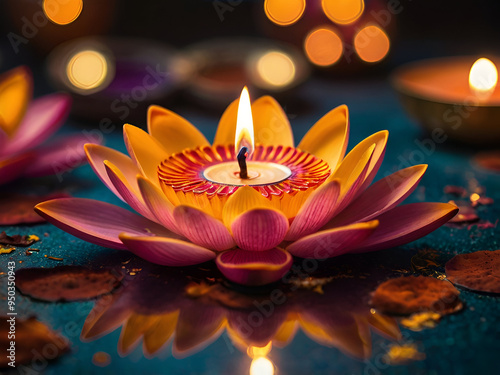 Happy Diwali with Diya oil lamps lite during Diwali Hindu festival