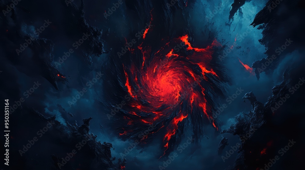 Eerie black vortex with red glowing cracks consuming the sky, dark tendrils stretching outward against a haunting blue background. Eerie black vortex with red glowing cracks consuming the sky, dark tendrils stretching outward against a haunting blue background.