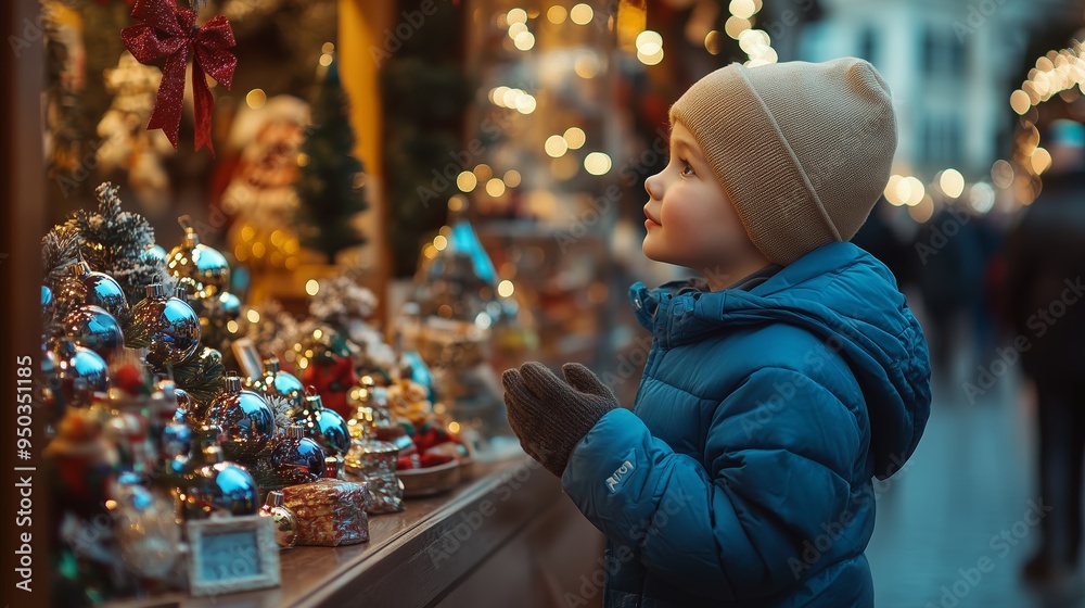 A child admires decorations at a festive market during the winter holiday season in an urban setting A child admires decorations at a festive market during the winter holiday season in an urban setting
