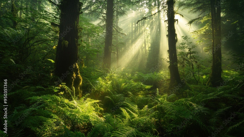 Obraz premium An atmospheric image of a foggy forest at dawn with sunlight piercing through the trees casting ethereal rays of light onto the forest floor covered with soft moss and ferns