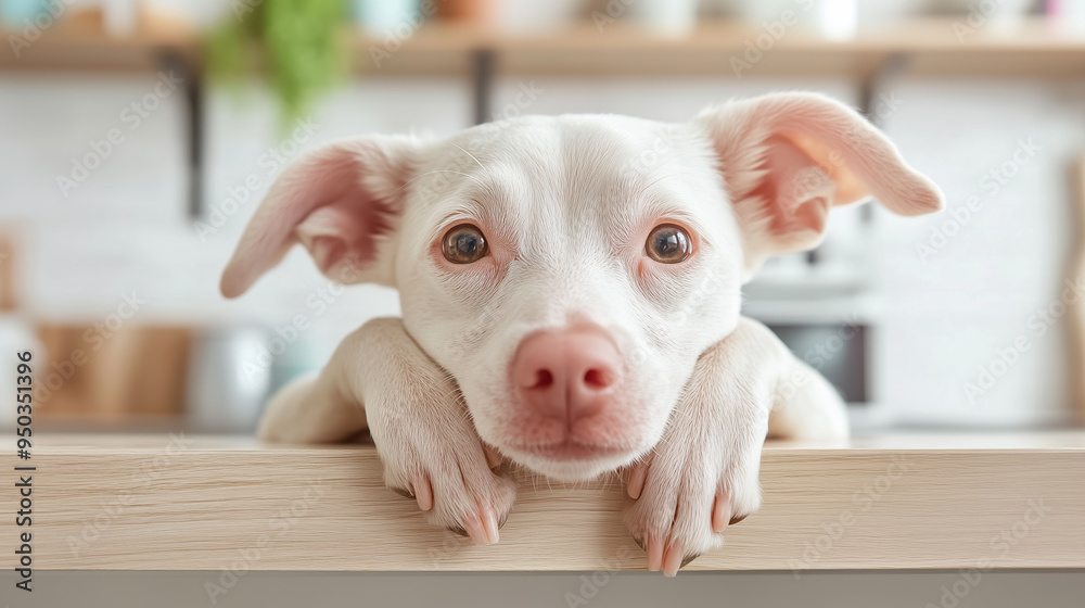 Cute white puppy resting its chin on a kitchen counter Cute white puppy resting its chin on a kitchen counter