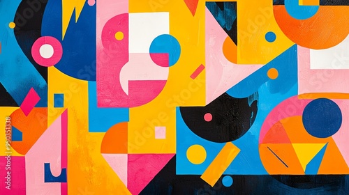 Vibrant abstract geometric shapes painted in bold colors, creating a visually dynamic and modern art piece.