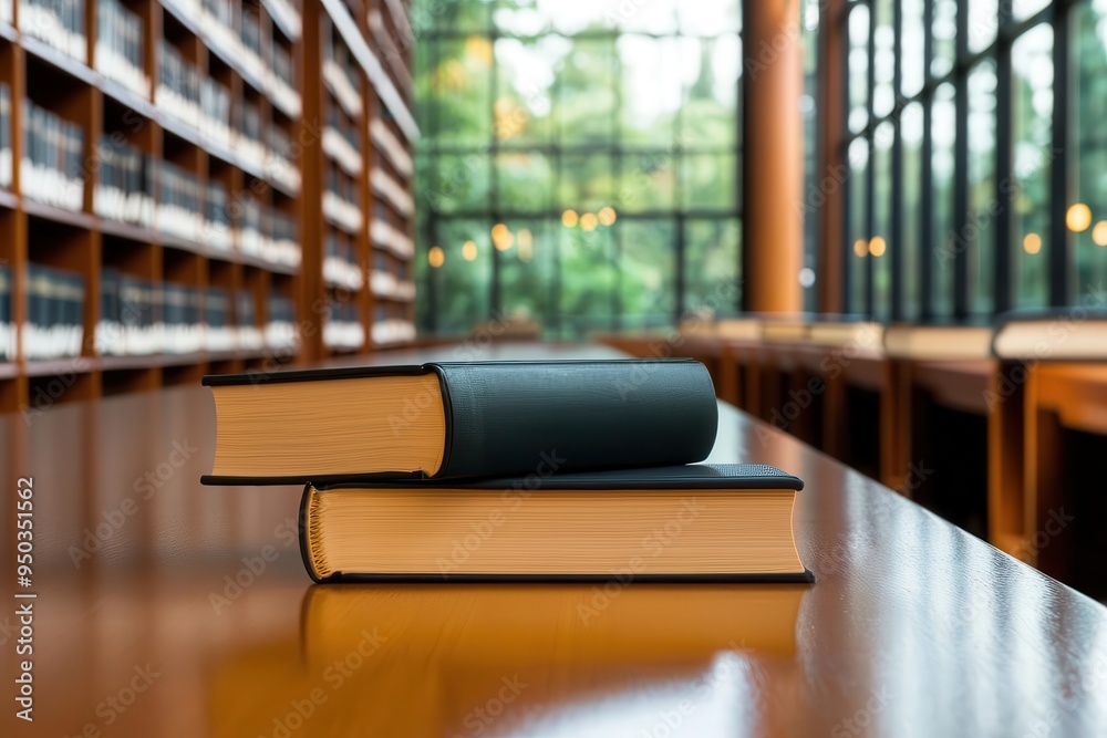 Empty law library at night with soft light filtering through large windows, rows of legal volumes creating a serene environment
