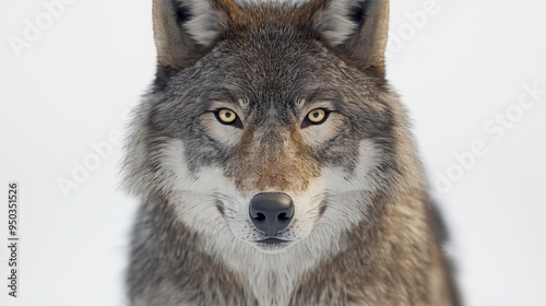 A detailed and realistic close up of a wolf, showcasing its piercing eyes and thick, textured fur. The wolf is positioned in front of a pure white backdrop, with bright, even