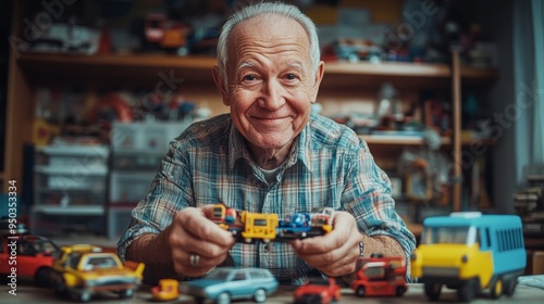 Elderly Man Playing with Toy Cars
