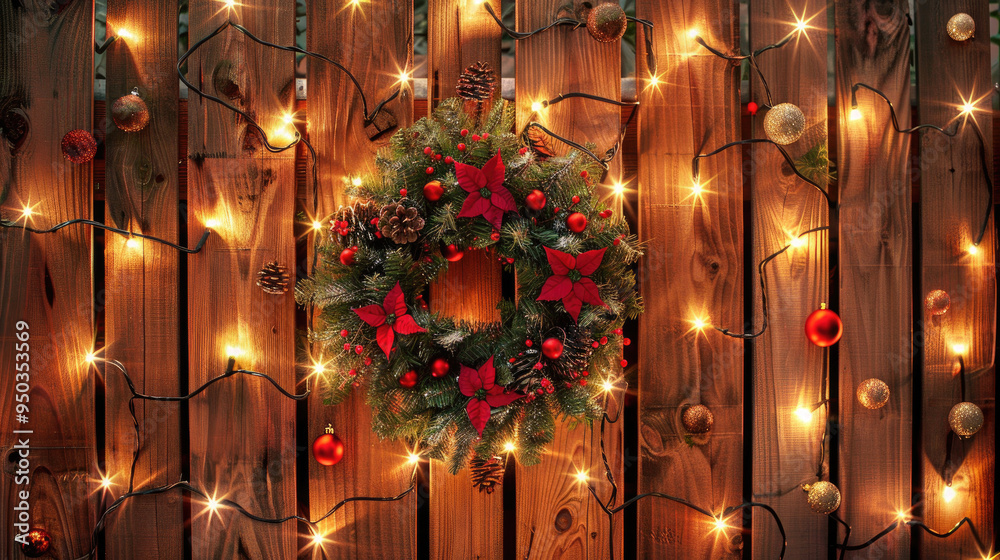 Fototapeta premium Festive Christmas Wreath with Red Ornaments and Lights on Wooden Fence Background