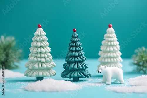 Fimo clay, plasticine-style three Christmas trees and a polar bear on a blue background, minimalism, high-resolution photography, high detail, aesthetic. photo