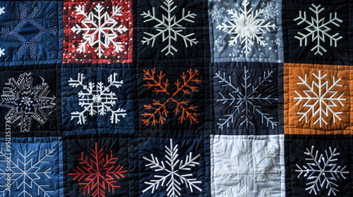 Colorful Patchwork Quilt with Intricate Snowflake Patterns in Various Colors and Designs