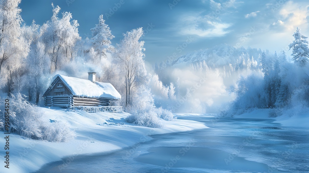 Frozen river snow-covered trees log cabin smoke chimney winter wonderland cool blues Frozen river snow-covered trees log cabin smoke chimney winter wonderland cool blues
