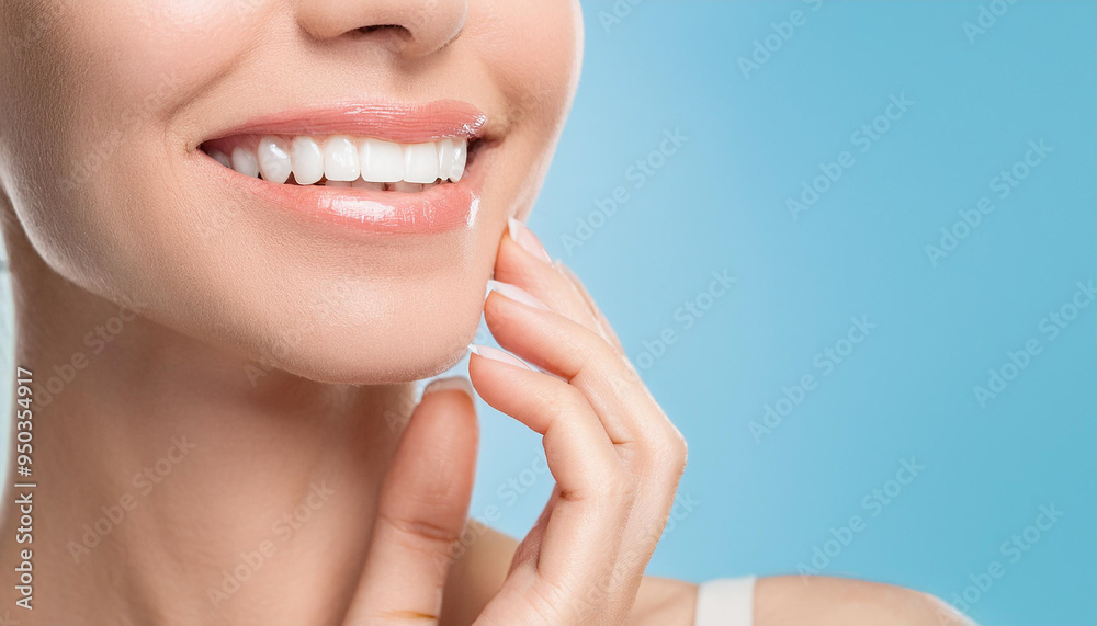 Woman's smile white teeth beautiful skin tone and hands. Teeth healthcare concept. Pastel blue background. Copy space. Woman's smile white teeth beautiful skin tone and hands. Teeth healthcare concept. Pastel blue background. Copy space.