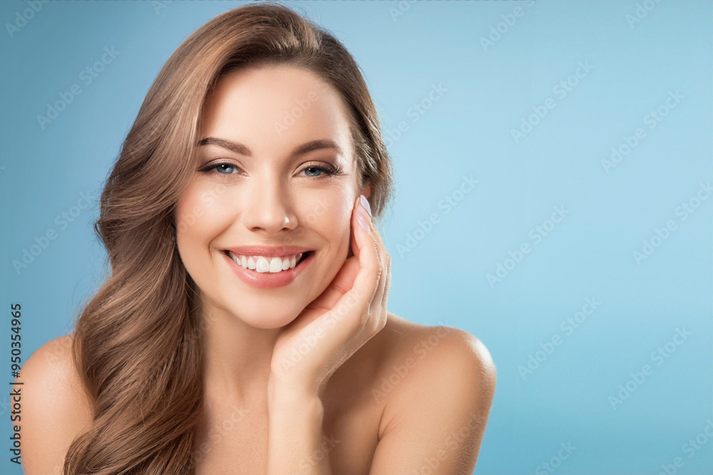 Woman's portrait smile white teeth beautiful skin tone and hands. Skin healthcare concept. Pastel blue background. Front view.