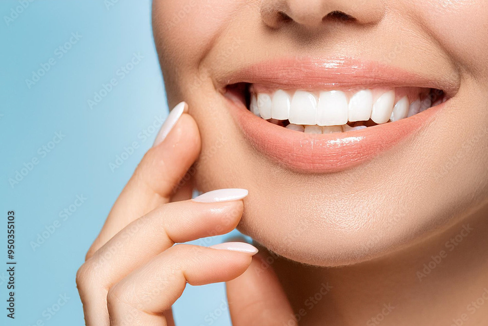 Woman's smile white teeth beautiful skin tone and hands. Teeth healthcare concept. Pastel blue background. Woman's smile white teeth beautiful skin tone and hands. Teeth healthcare concept. Pastel blue background.
