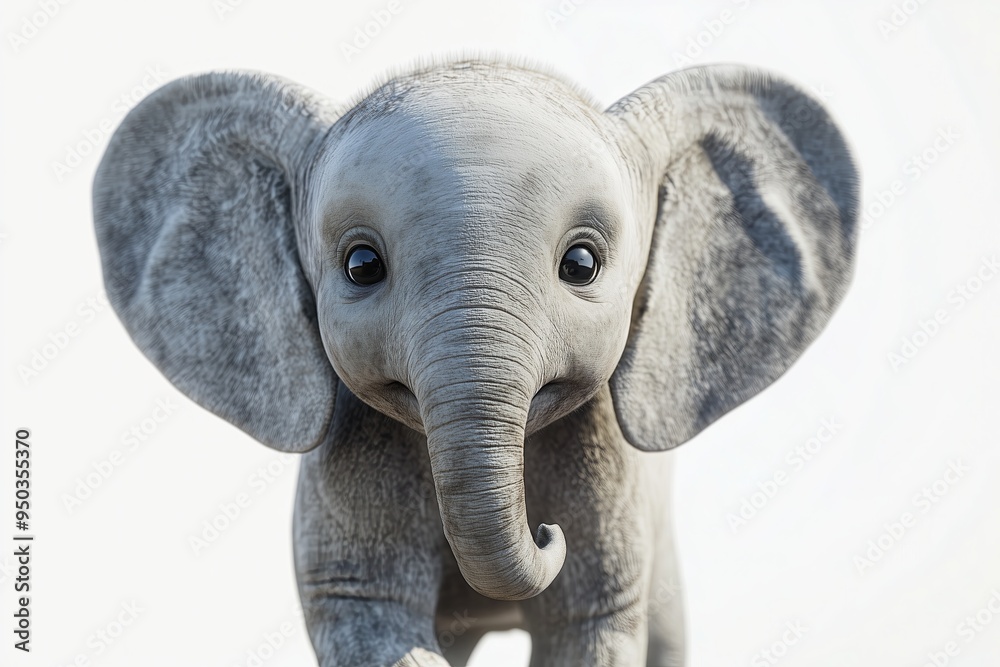A dynamic 3D of a baby elephant in a close up view, displaying its playful and gentle nature. The elephant is set against a stark white background with smooth, bright lighting A dynamic 3D of a baby elephant in a close up view, displaying its playful and gentle nature. The elephant is set against a stark white background with smooth, bright lighting