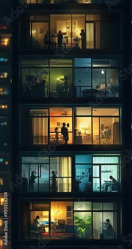 A series of images showing people in various rooms within the apartment building, each window displaying different activities and scenes from their daily lives.