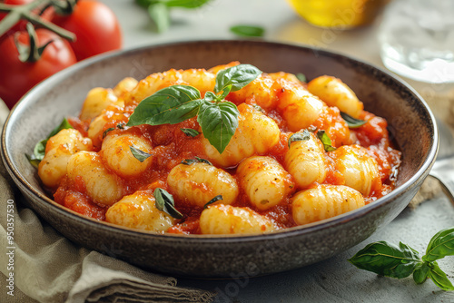 Indulge in rich gnocchi bathed in a savory tomato sauce, perfectly garnished with fresh basil for a vibrant culinary experience.