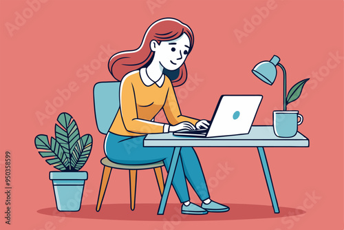 women working with laptop skatch art vector illustration