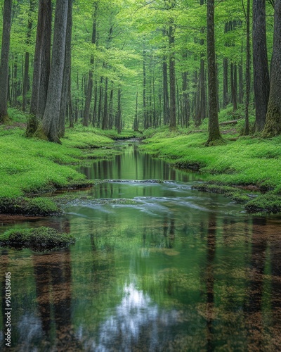 Serene Stream Flowing Through Lush Green Forest