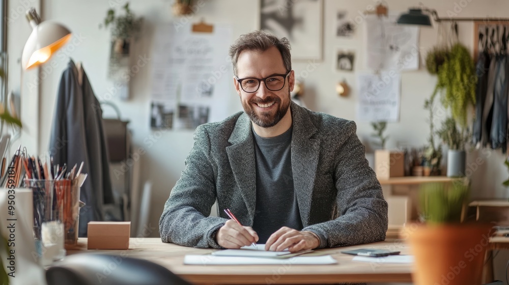 Fototapeta premium Smiling Man Working at Desk