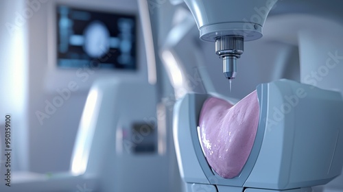 A close-up of a mammogram machine with a patient's breast positioned for screening the image capturing the precision and care involved in the process