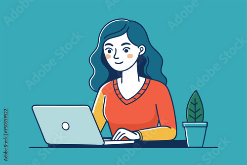 women working with laptop skatch art vector illustration photo