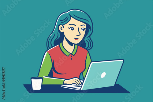 women working with laptop skatch art vector illustration photo