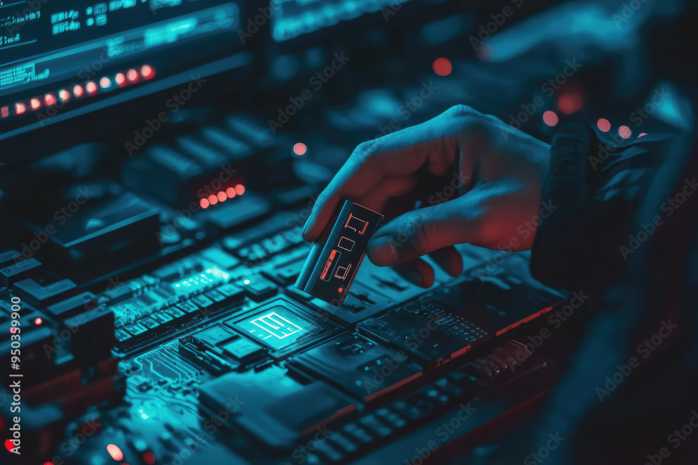 A shadowy hacker carefully inserts a USB drive into a secure terminal, sending waves of anticipation through the digital realm. A shadowy hacker carefully inserts a USB drive into a secure terminal, sending waves of anticipation through the digital realm.