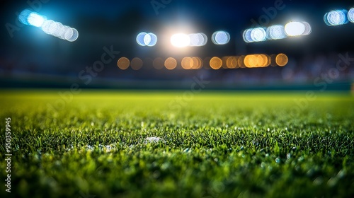 A wide-angle, blurred view of a baseball stadium at night, focusing on the green field and brightly lit stands. Perfect for sports backgrounds or atmospheric designs