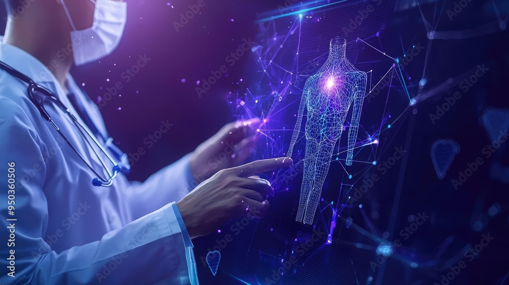 A medical professional interacts with a digital human anatomy hologram, showcasing advanced technology in healthcare. A medical professional interacts with a digital human anatomy hologram, showcasing advanced technology in healthcare.