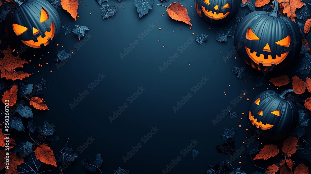 This image showcases glowing jack-o'-lanterns surrounded by autumn leaves on a deep blue background, evoking the essence of Halloween and fall festivity in a striking way. This image showcases glowing jack-o'-lanterns surrounded by autumn leaves on a deep blue background, evoking the essence of Halloween and fall festivity in a striking way.