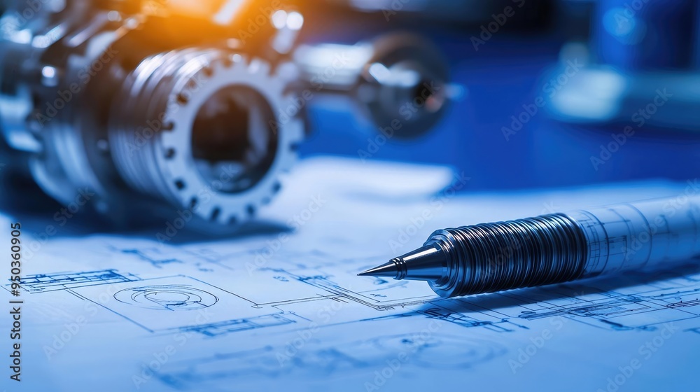Close-up of a blueprint with a pen and mechanical part, illustrating precision engineering and design in a workshop environment. Close-up of a blueprint with a pen and mechanical part, illustrating precision engineering and design in a workshop environment.